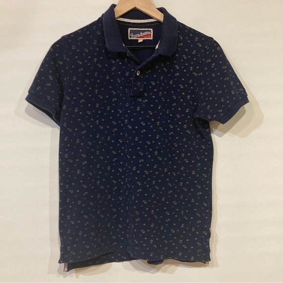 Vintage Washed Cotton Abstract Print Polo T-Shirt Navy Blue Yellow Men’s Size S - Picture 3 of 11